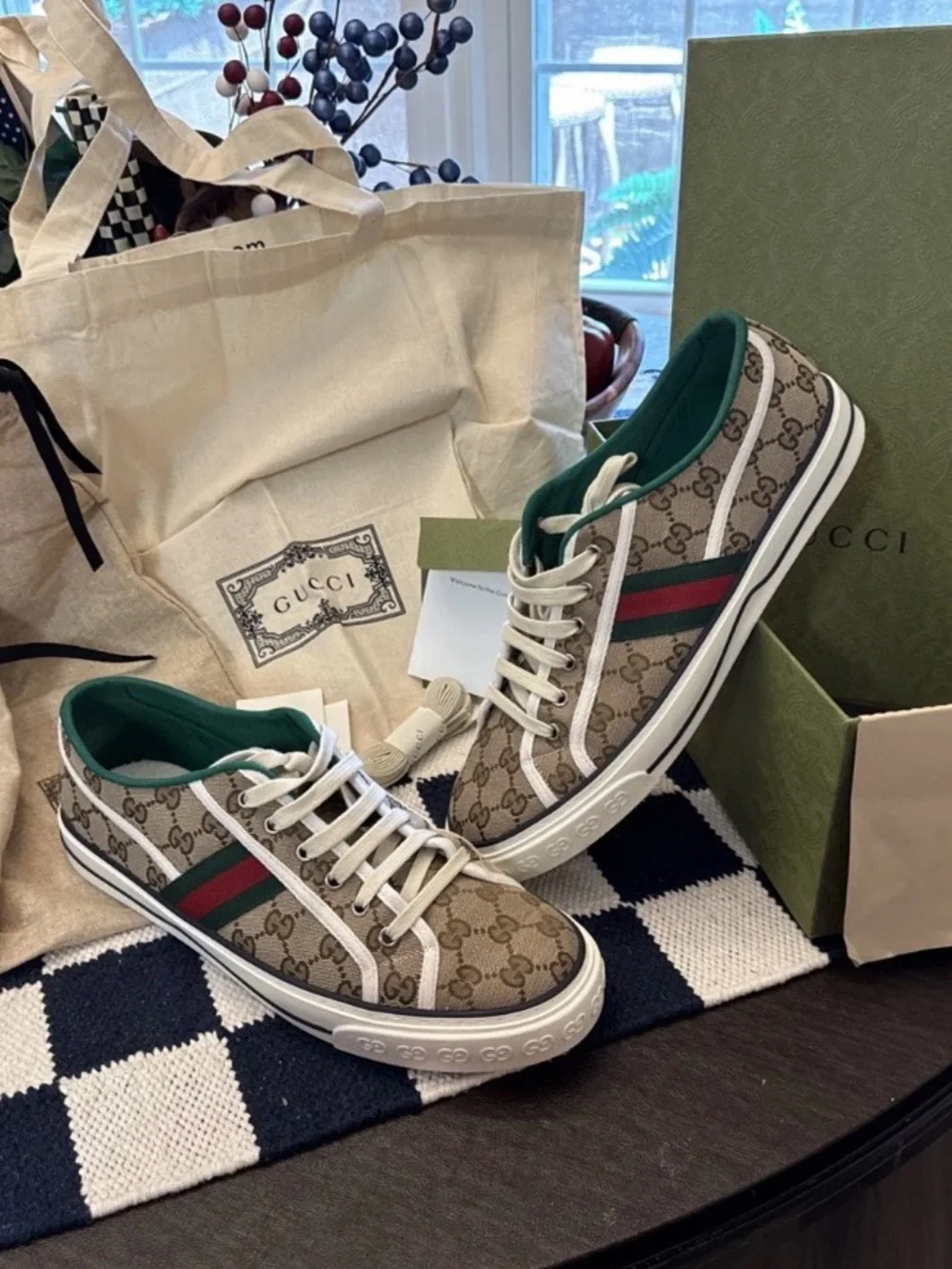 Gucci Beige GG Canvas Low-Top Sneakers with Green-Red Web Stripe